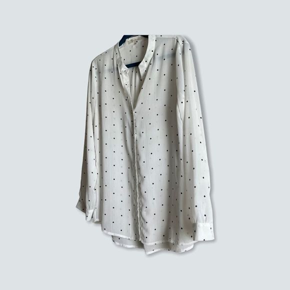 Sheer White button down blouse with polka dots L - Picture 5 of 8